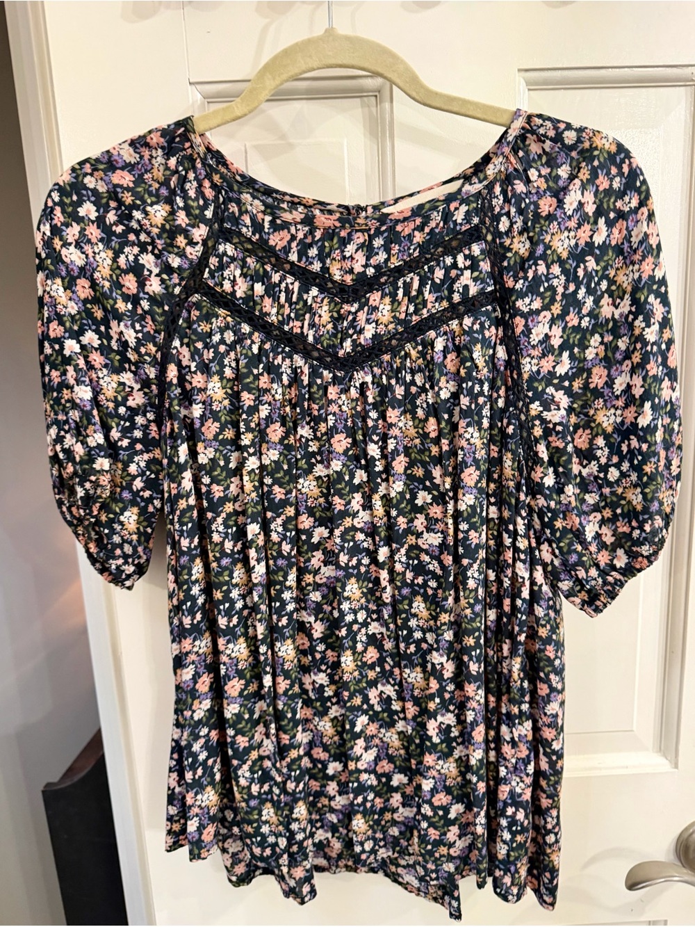Lucky Brand Navy Floral Puff-Sleeve Tunic with Lace Yoke